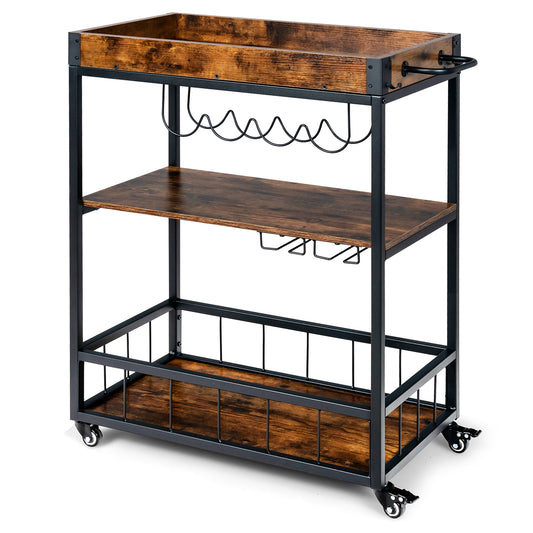 Kitchen Cart on Wheels with Removable Top Tray?3-Tier Storage Shelf, 4 Hooks-Rustic Brown