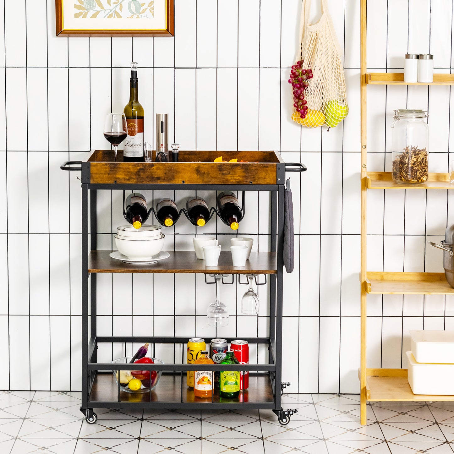 Kitchen Cart on Wheels with Removable Top Tray?3-Tier Storage Shelf, 4 Hooks-Rustic Brown