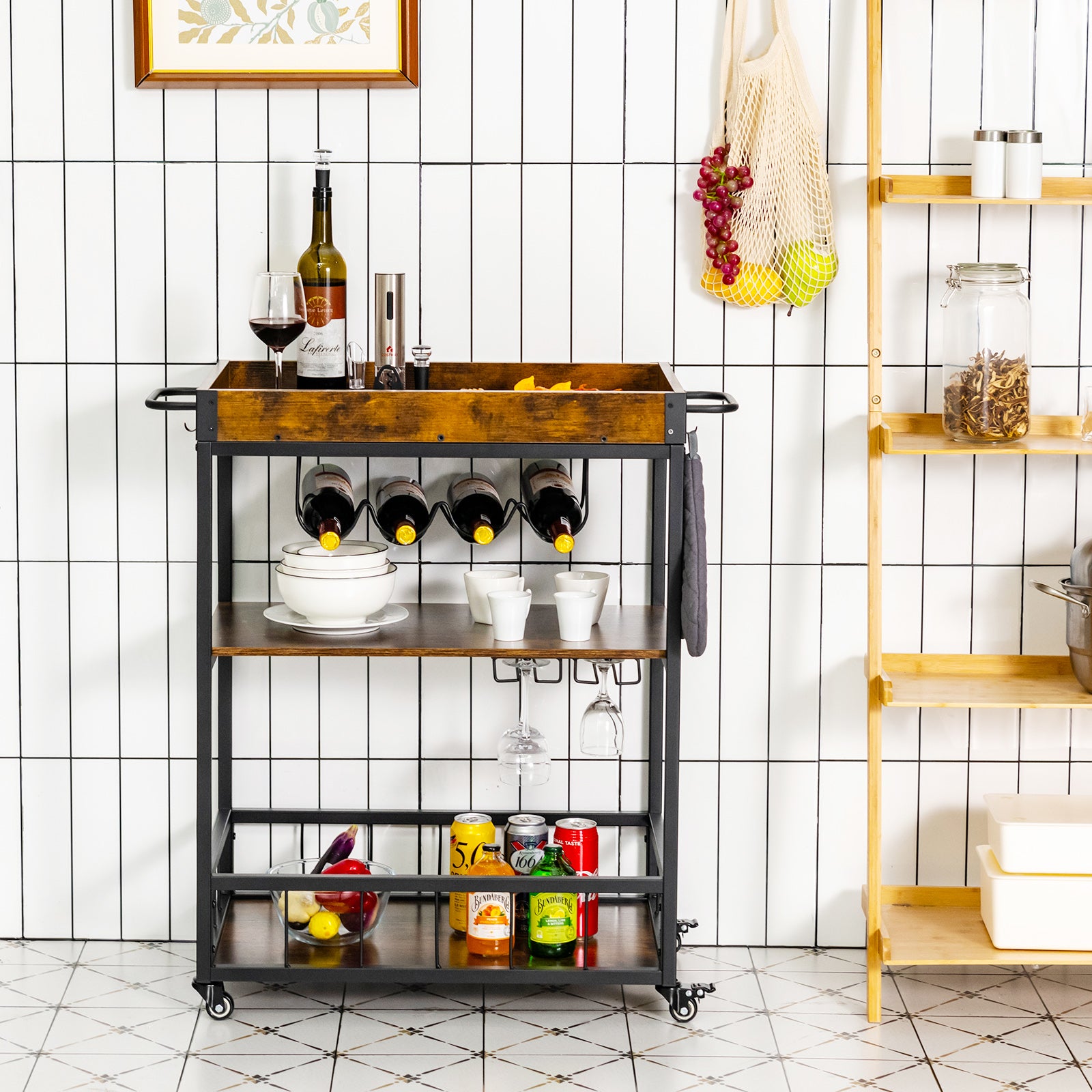 Kitchen Cart on Wheels with Removable Top Tray?3-Tier Storage Shelf, 4 Hooks-Rustic Brown