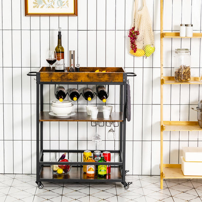 Kitchen Cart on Wheels with Removable Top Tray?3-Tier Storage Shelf, 4 Hooks-Rustic Brown
