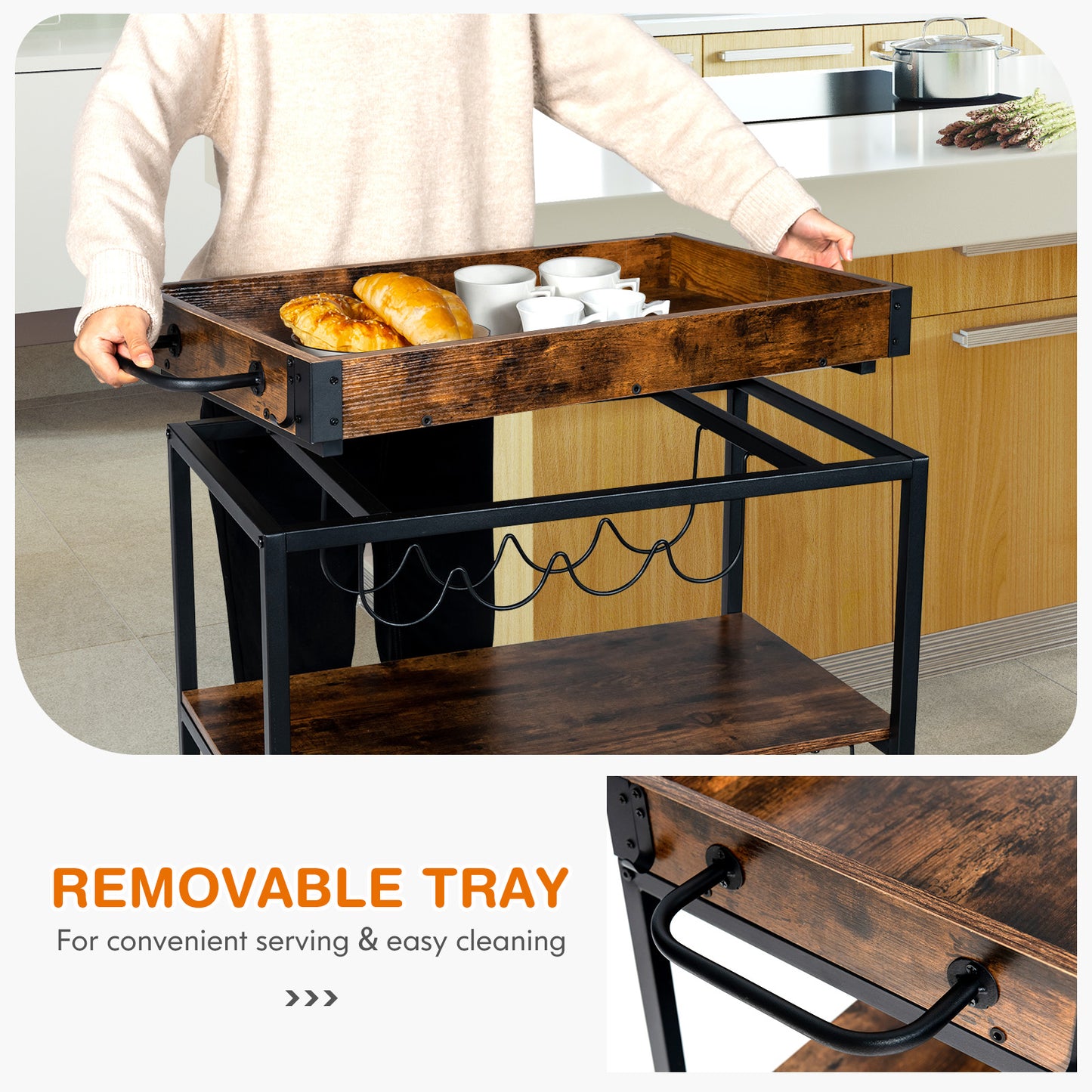 Kitchen Cart on Wheels with Removable Top Tray?3-Tier Storage Shelf, 4 Hooks-Rustic Brown