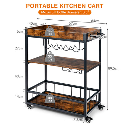Kitchen Cart on Wheels with Removable Top Tray?3-Tier Storage Shelf, 4 Hooks-Rustic Brown