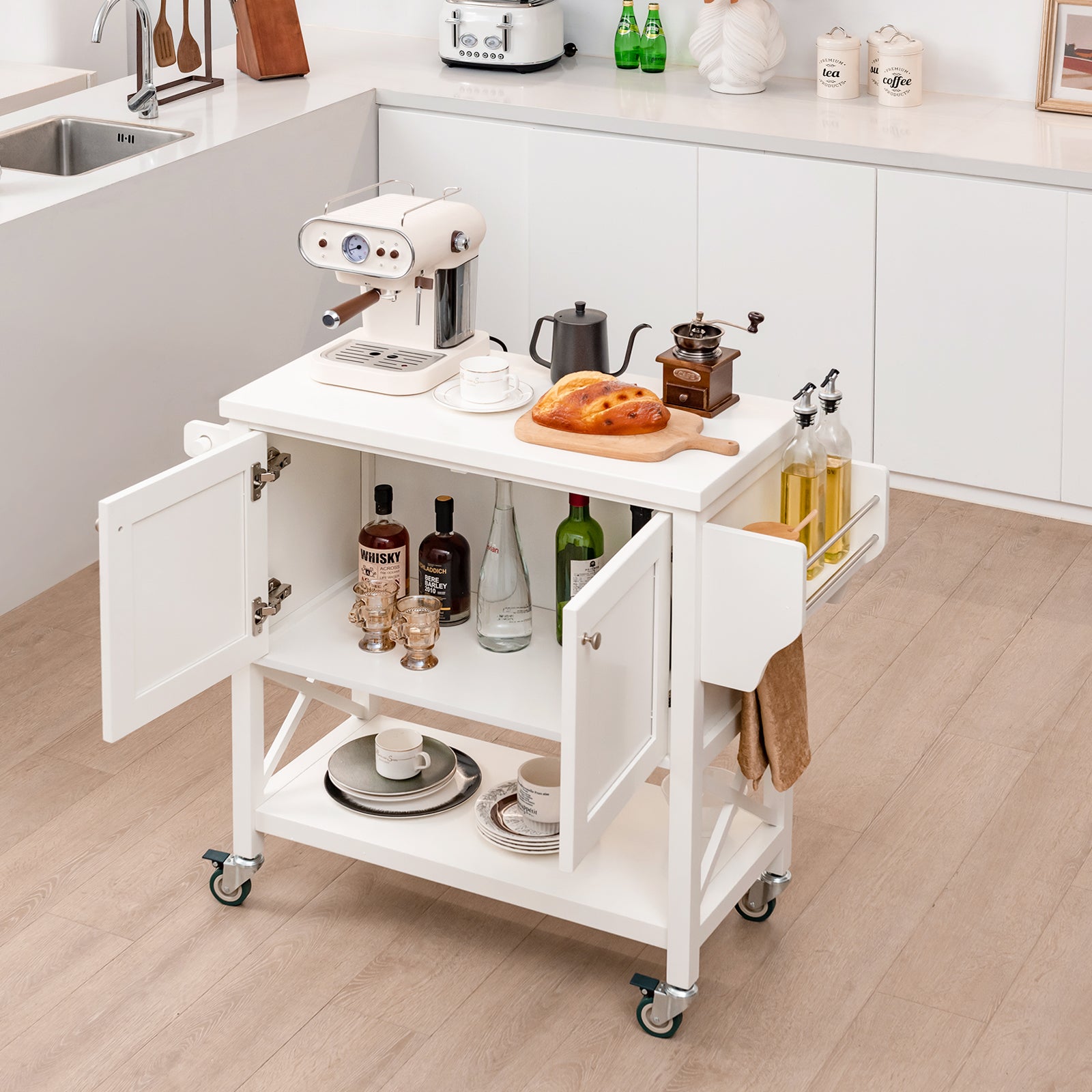 Kitchen Cart with Storage Cabinet with Towel Rack and Spice Rack-White