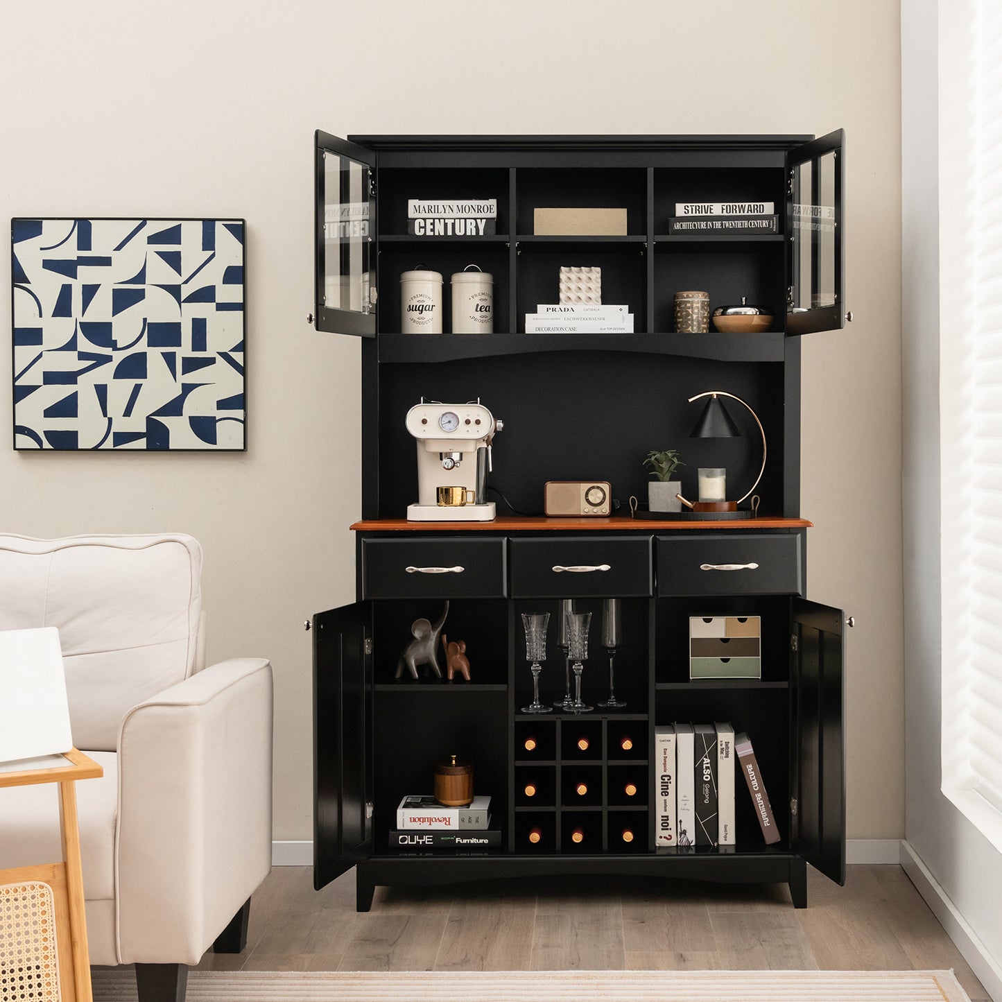 Kitchen Cupboard with Adjustable Shelves and Drawers-Black