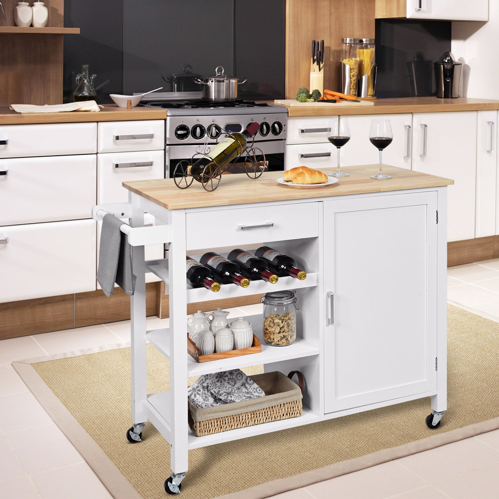Rolling Kitchen Island Cart with Wine Rack and Adjustable Shelf-White