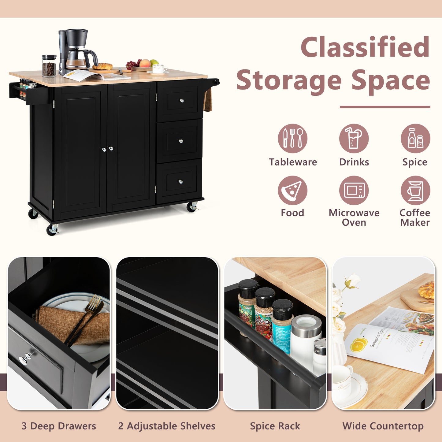 Kitchen Island Trolley with 3 Drawers and 2-door Cabinet-Brown