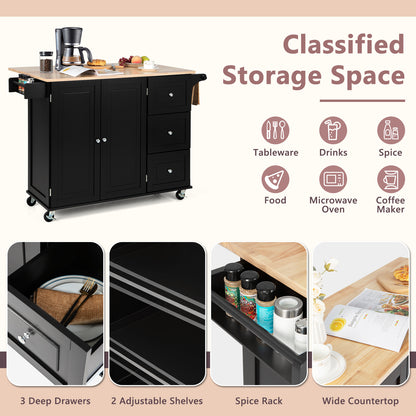 Kitchen Island Trolley with 3 Drawers and 2-door Cabinet-Brown