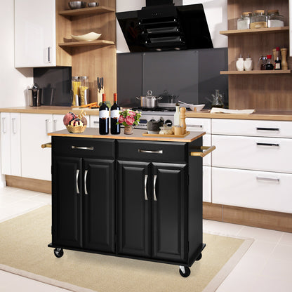 Kitchen Island on Lockable Wheels with Rubber Wood Countertop-Black