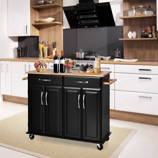 Kitchen Island on Lockable Wheels with Rubber Wood Countertop-Black