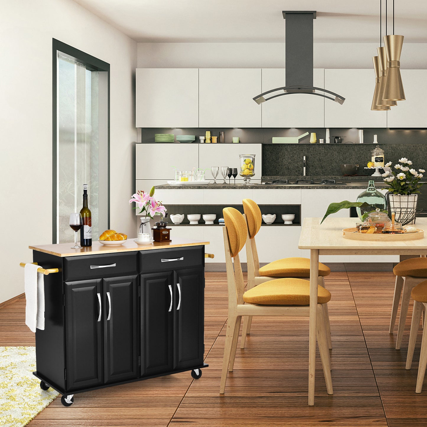 Kitchen Island on Lockable Wheels with Rubber Wood Countertop-Black