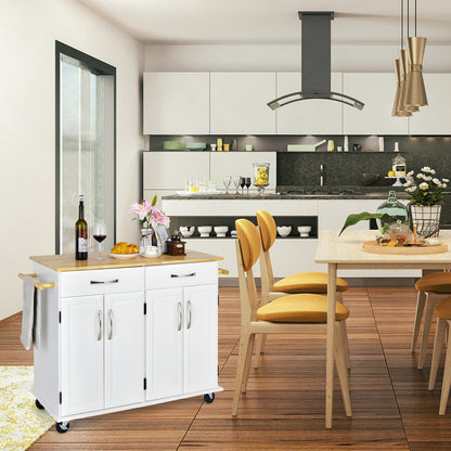 Kitchen Island on Lockable Wheels with Rubber Wood Countertop-White