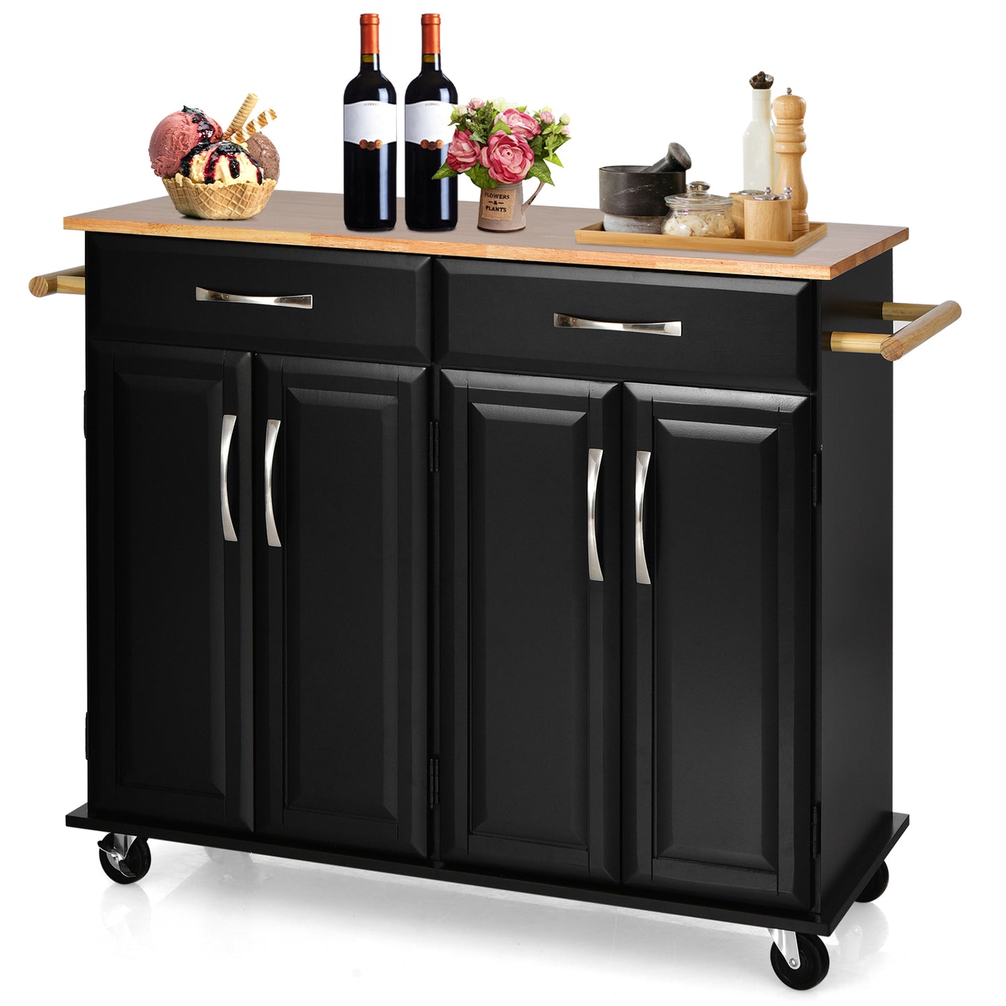 Kitchen Island on Lockable Wheels with Rubber Wood Countertop-Black