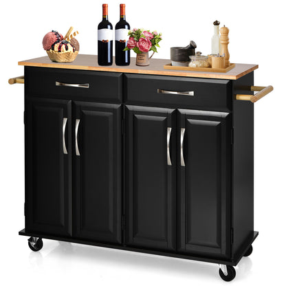 Kitchen Island on Lockable Wheels with Rubber Wood Countertop-Black