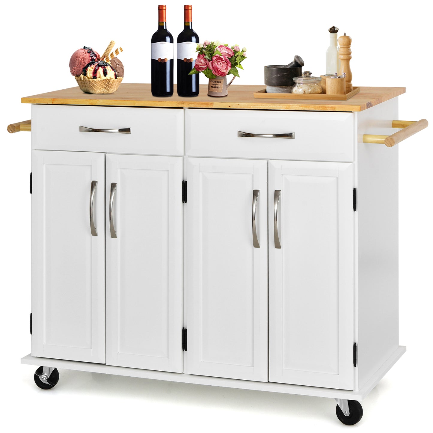 Kitchen Island on Lockable Wheels with Rubber Wood Countertop-White