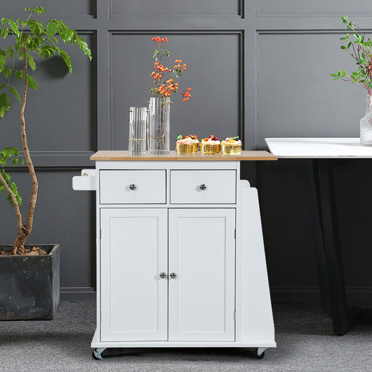Kitchen Island with Rubber Wood Countertop and Storage on Wheels-White