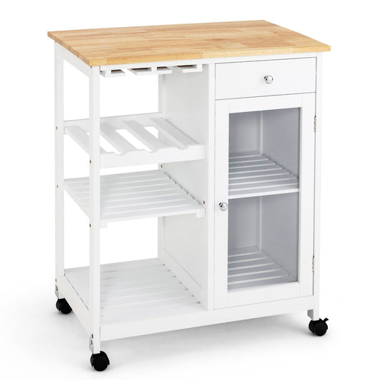 Wooden Rolling Kitchen Island with Wine Rack and Glass Holder-White