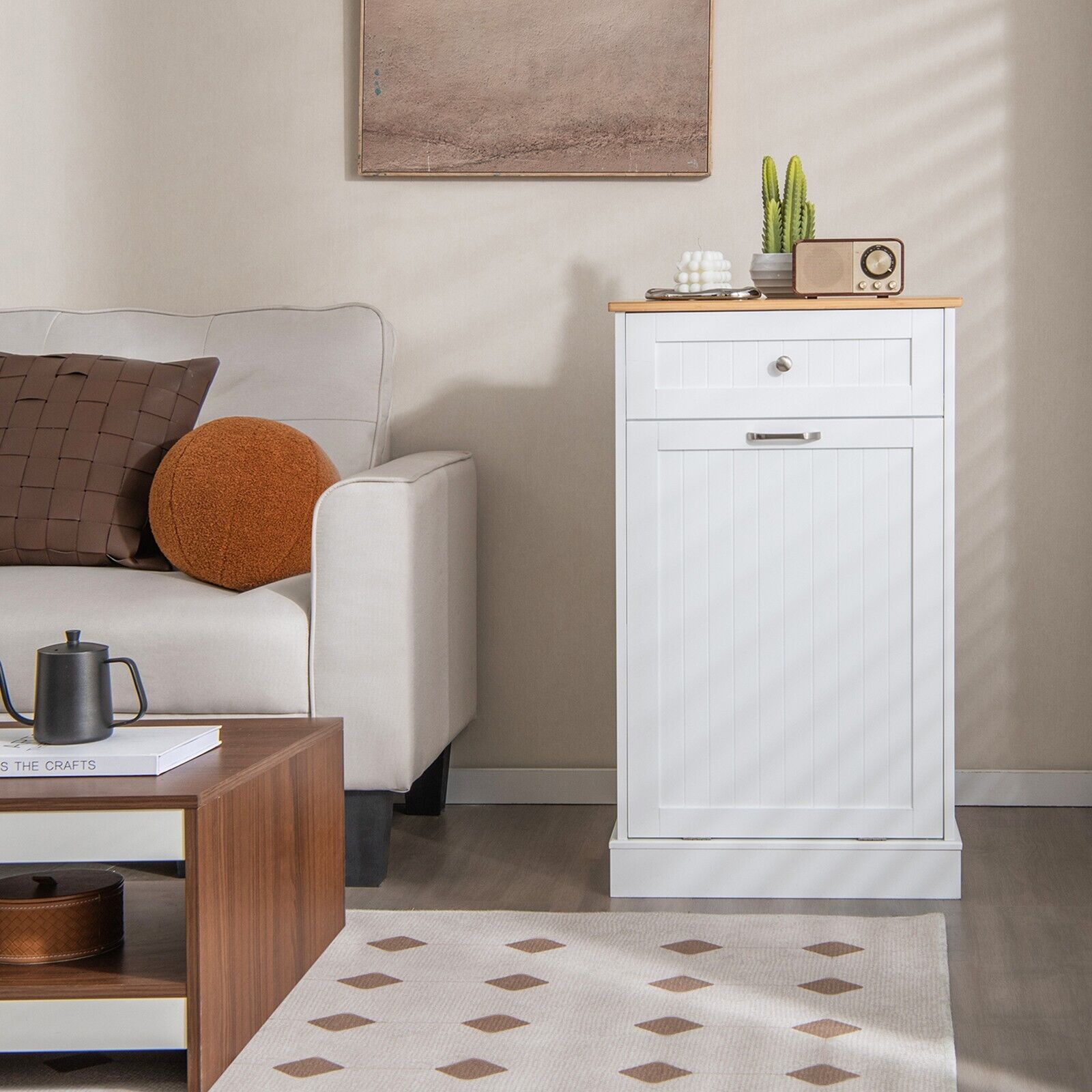 Freestanding Tilt Out Trash Bin Cabinet with Pull-out Drawer-White