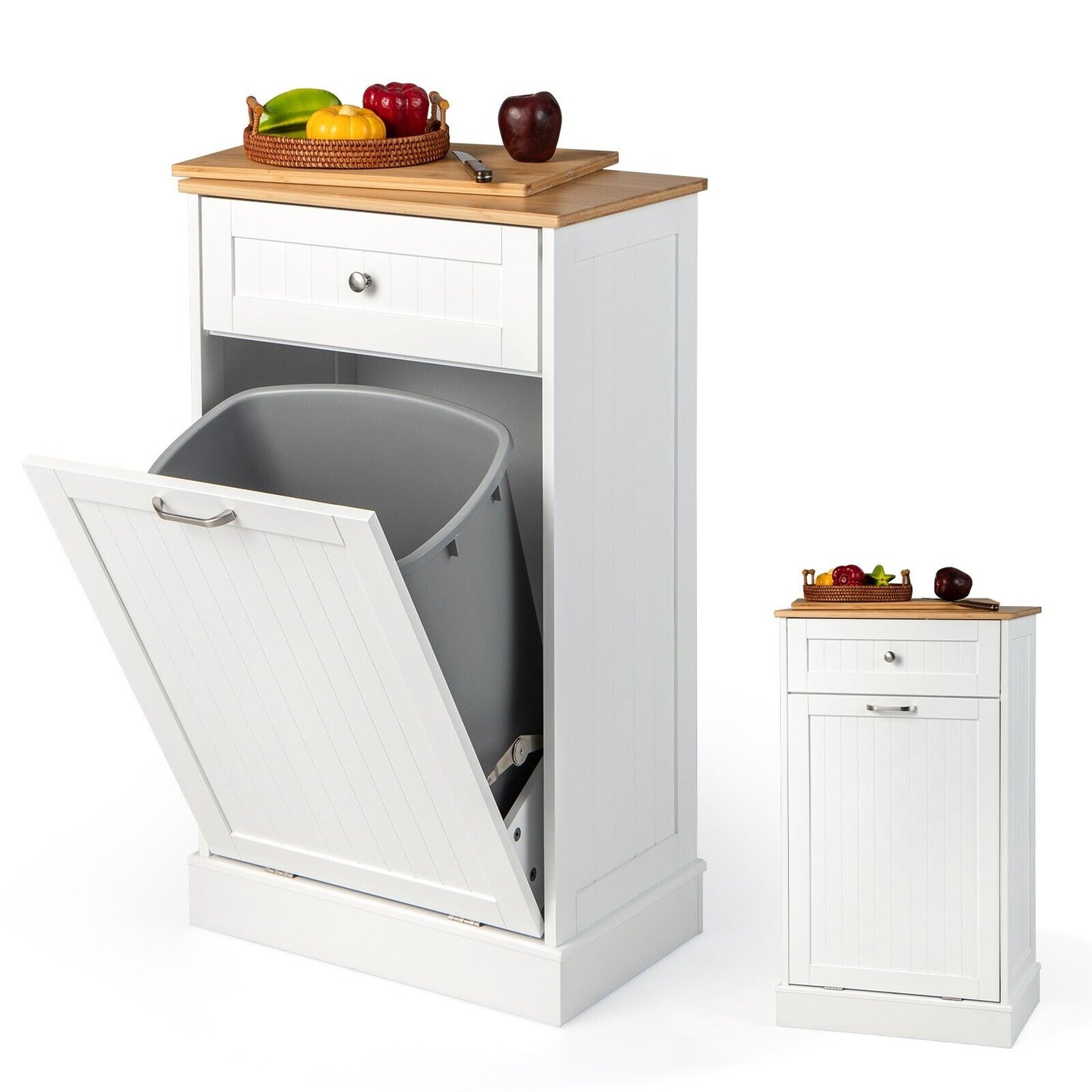Freestanding Tilt Out Trash Bin Cabinet with Pull-out Drawer-White