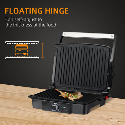 HOMCOM Health Grill & Panini Press, 4 Slice Toastie Machine, 2000W Electric Non-stick Grill with 180° Flat Open, Drip Tray and Adjustable Temperature