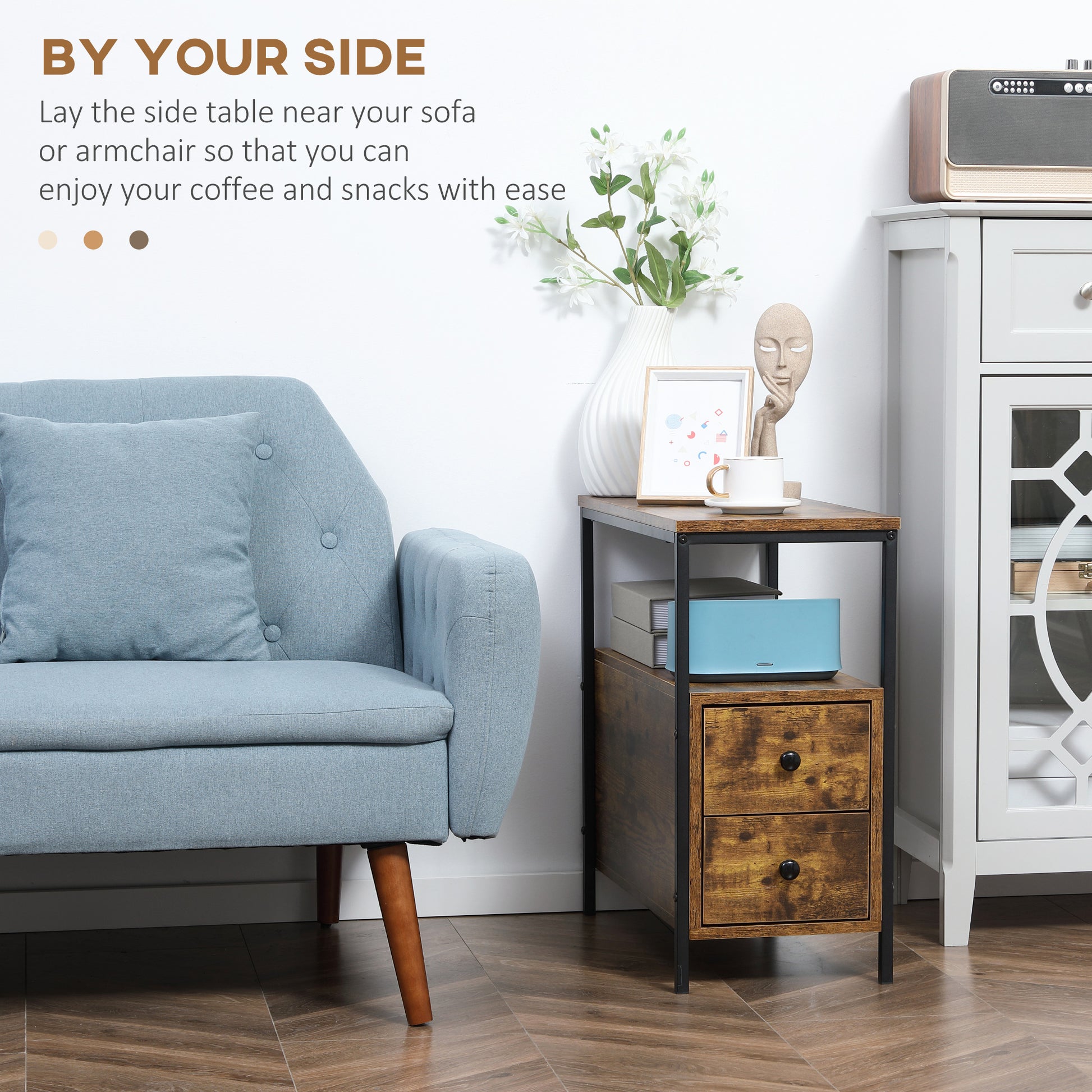 HOMCOM Side Table with 2 Drawers and Storage Shelf, Narrow End Table Bedside Table with Metal Frame for Small Spaces, Rustic Brown