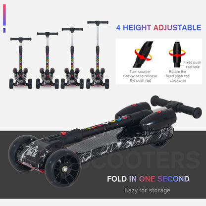 HOMCOM Kids 3 Wheel Scooter Adjustable Height w/ Flashing Wheels Music Water Spray Foldable Design Cool On Off Road Vehicle Black