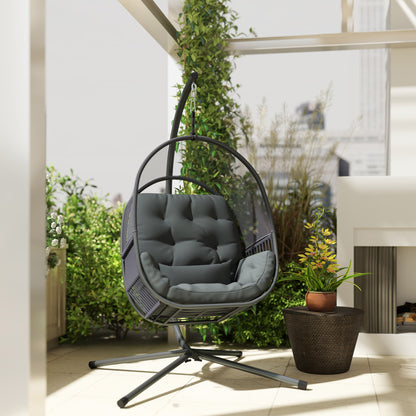 Outsunny Hanging Egg Chair Outdoor Indoor, Swing Hammock Chair with Stand, Cushions, Lumbar Pillow, Adjustable Height and Steel Frame for Garden Patio Lounge Porch, Dark Grey