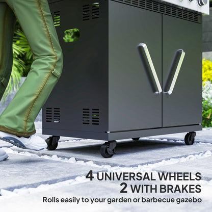 Outsunny 4+1 Burner Gas BBQ Grill with Clear View Lid, Portable Gas Barbecue Grill with Built-in Thermometer, Side Table, Cabinet, Wheels, Grease Tray for Garden Party Outdoor Cooking, Black