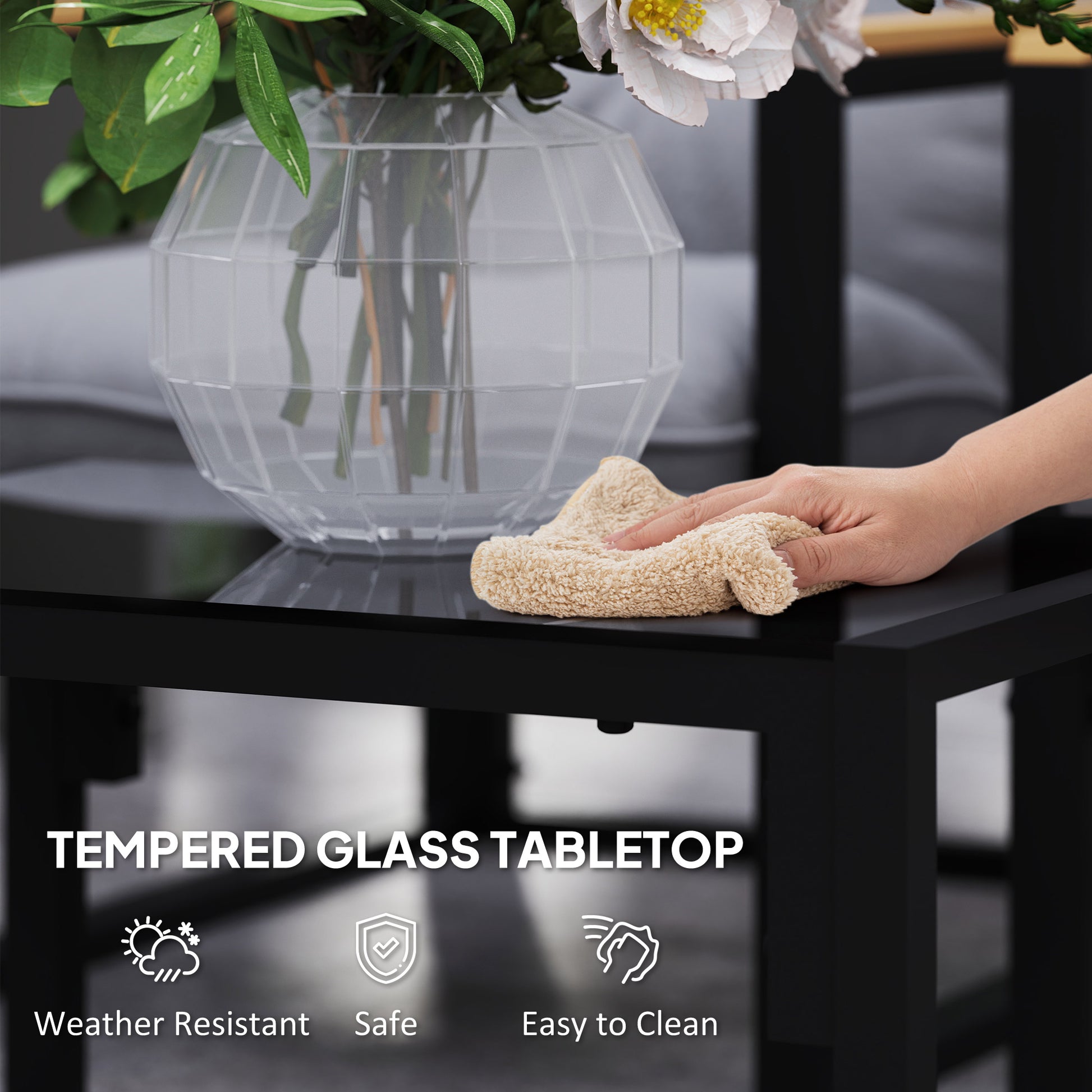 Outsunny Garden Furniture Set, 4 Piece Indoor Outdoor Conservatory with Loveseat Sofa, Armchairs, Glass Top Coffee Table, Cushions for Balcony, Poolside, Patio, Light Grey