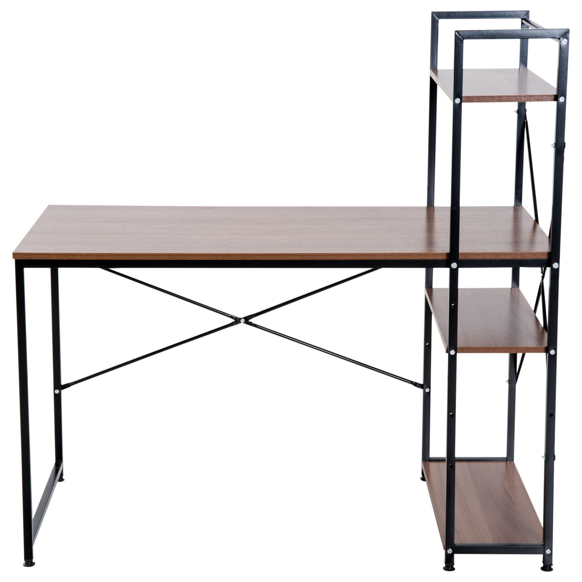HOMCOM Computer Desk PC Table  Study Workstation Home Office with 4-tier Bookshelf Storage Metal Frame Wooden Top (Walnut & Black)