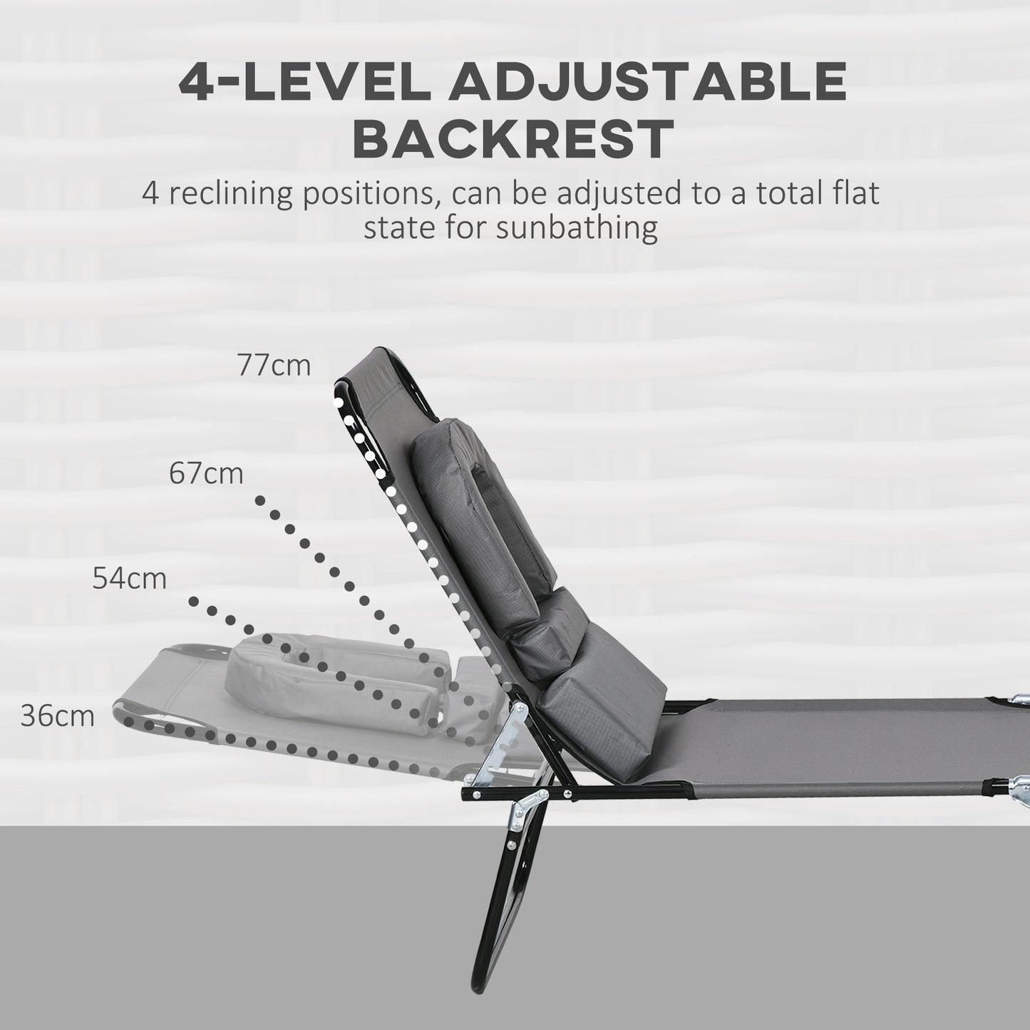 Outsunny Outdoor Folding Sun Lounger Set of 2 with Face Hole, 4 Level Adjustable Backrest Reclining Garden Lounger, Garden Recliner Sunbed with 600 D Oxford Cloth Seat and Pillow for Beach, Dark Grey