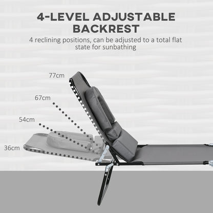 Outsunny Outdoor Folding Sun Lounger Set of 2 with Face Hole, 4 Level Adjustable Backrest Reclining Garden Lounger, Garden Recliner Sunbed with 600 D Oxford Cloth Seat and Pillow for Beach, Dark Grey