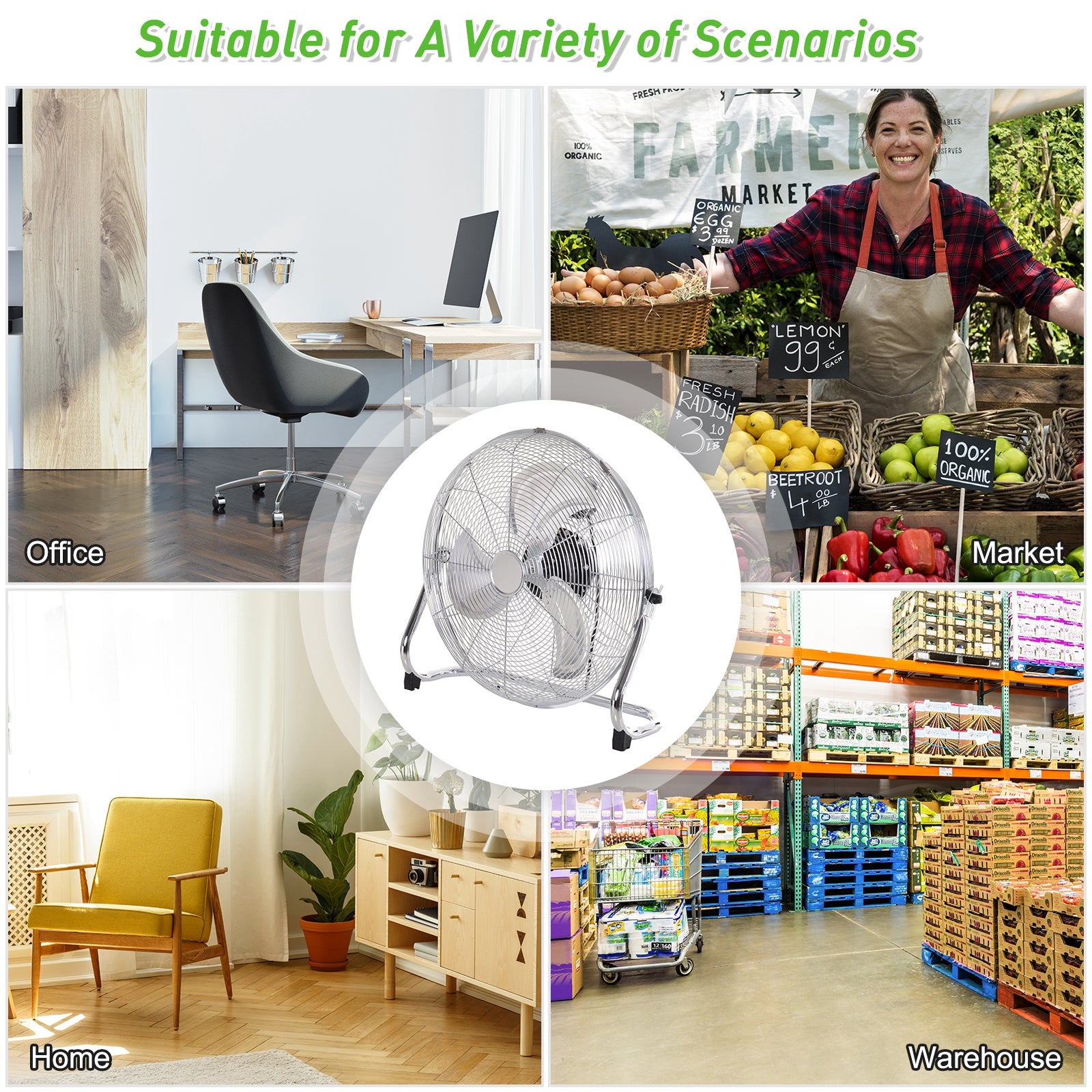 HOMCOM 20" Chrome Metal Floor Standing Fan with Tilting, High Velocity, 3 Speed, Portable Gym Fan for Home Office, Silver