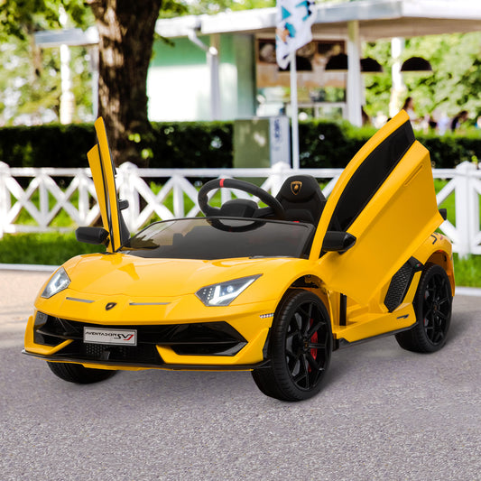 HOMCOM Compatible 12V Battery-powered Kids Electric Ride On Car Lamborghini Aventador Sports Racing Car Toy with Parental Remote Control Lights Yellow