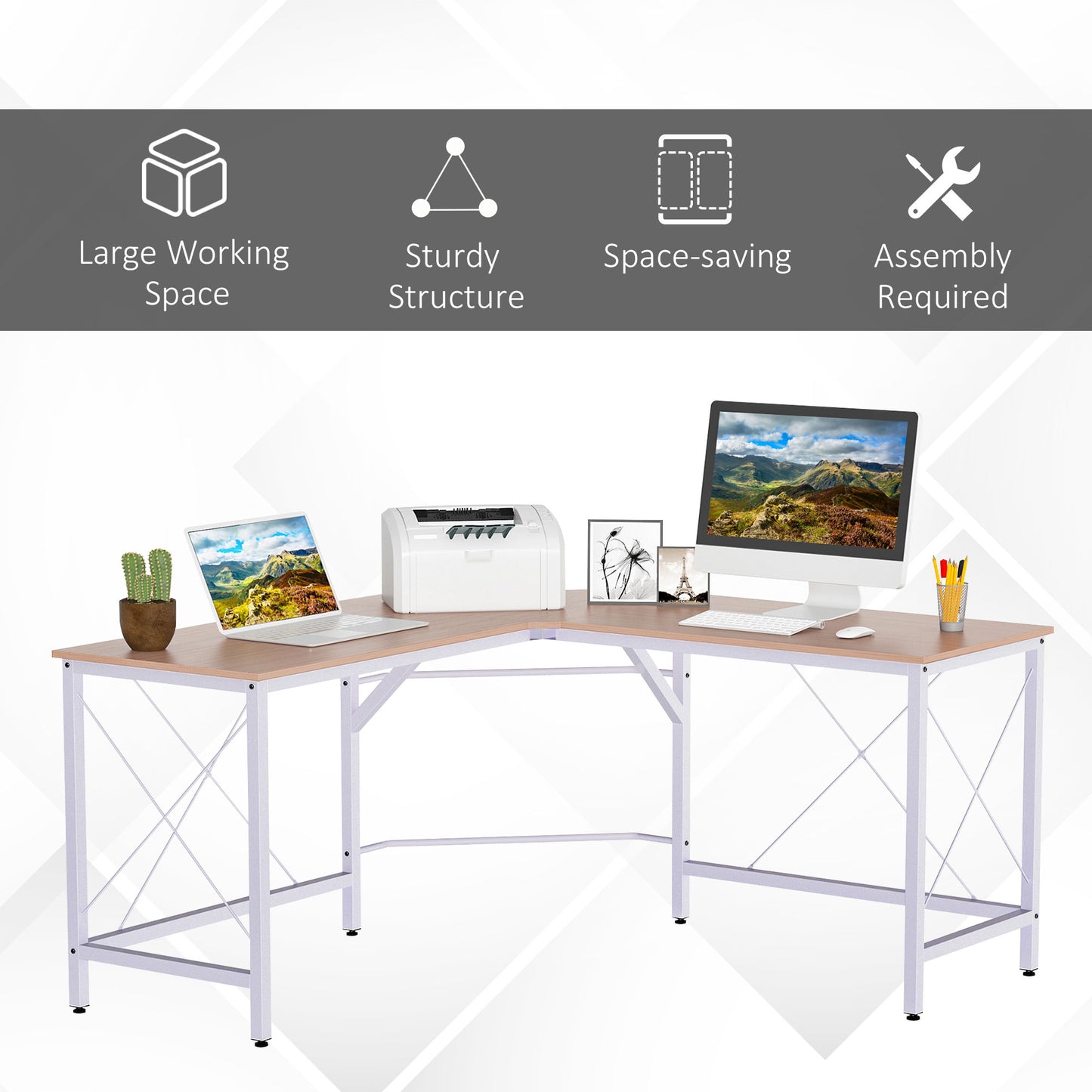 HOMCOM Corner Gaming Desk L-Shape Computer PC Workstation Home Office Three Worktop Writing Table 76x150cm Oak