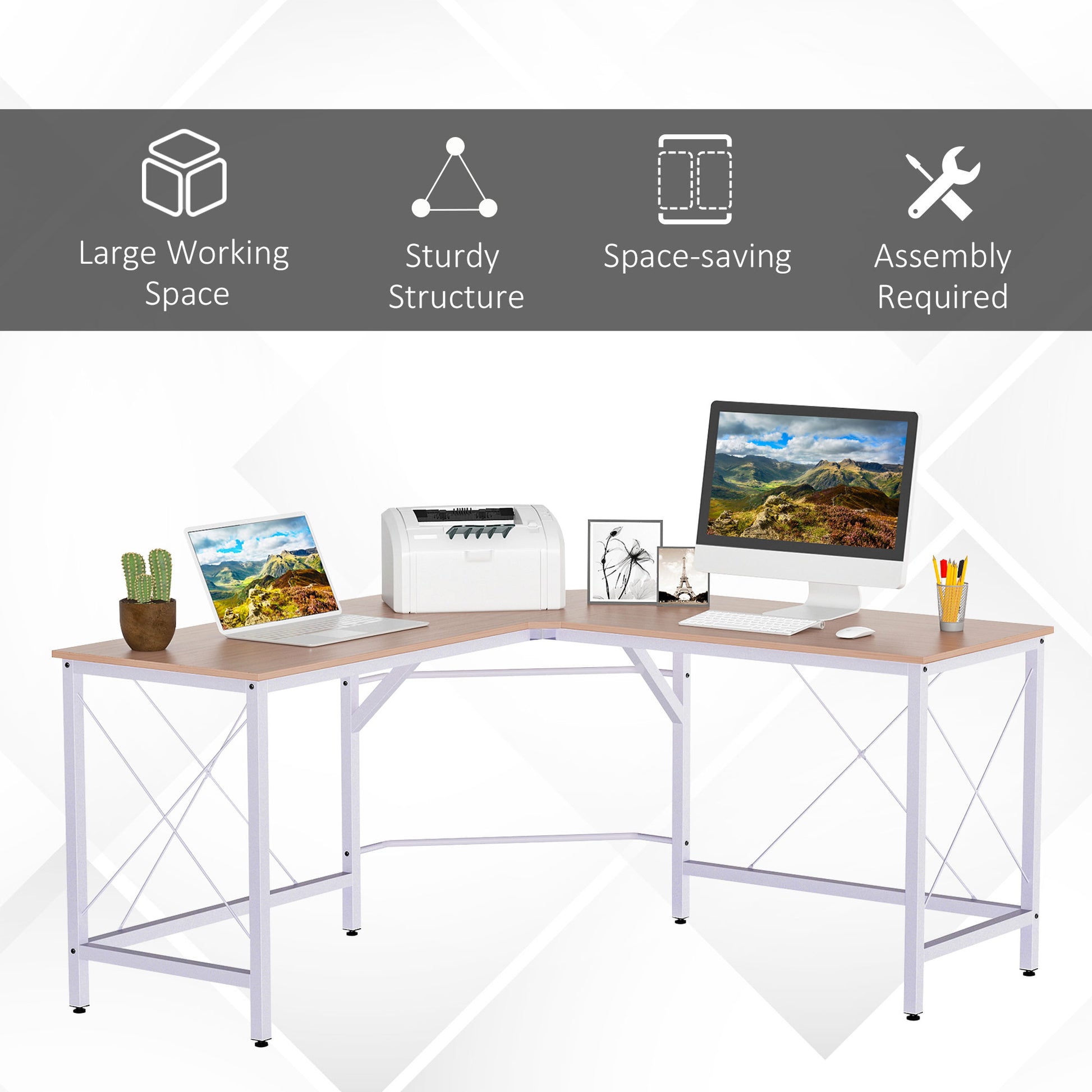 HOMCOM Corner Gaming Desk L-Shape Computer PC Workstation Home Office Three Worktop Writing Table 76x150cm Oak