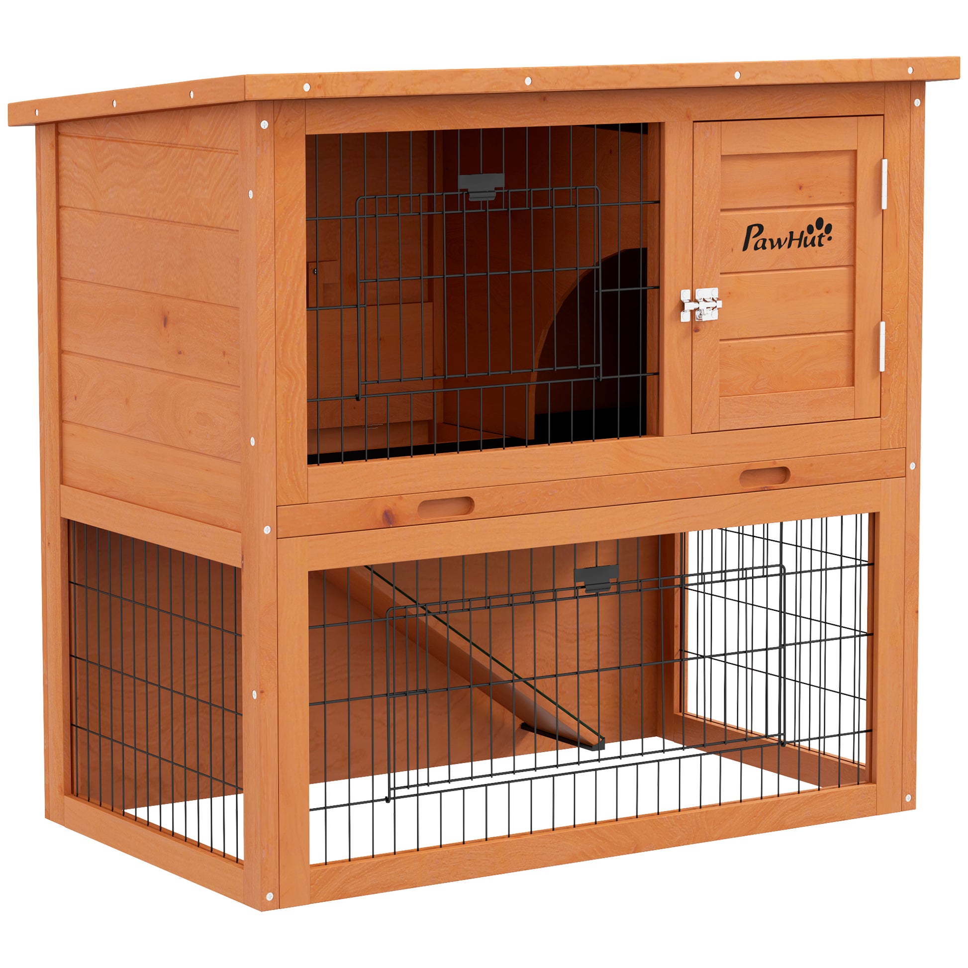 PawHut Two-Tier Antiseptic Wood Rabbit Hutch, 80cm Guinea Pig Hutch with Run - Orange