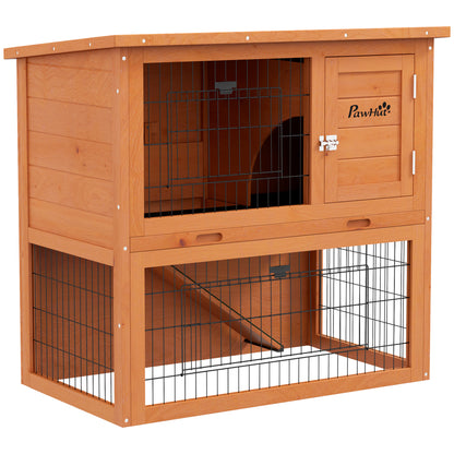 PawHut Two-Tier Antiseptic Wood Rabbit Hutch, 80cm Guinea Pig Hutch with Run - Orange