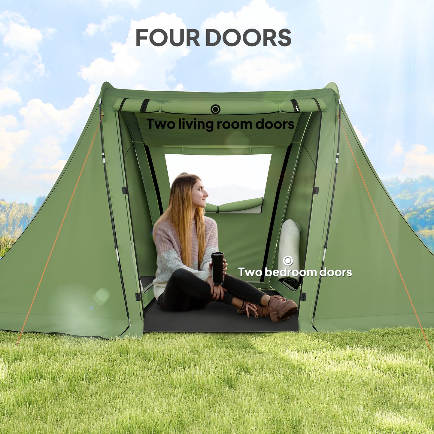 Outsunny 3 Man Camping Tent with Living Area and 2 Bedrooms, 3000mm Waterproof Family Tent with Sewn-in Groundsheet, Portable Dome Tent with Bag for Hiking, Festival, Backpacking, Green