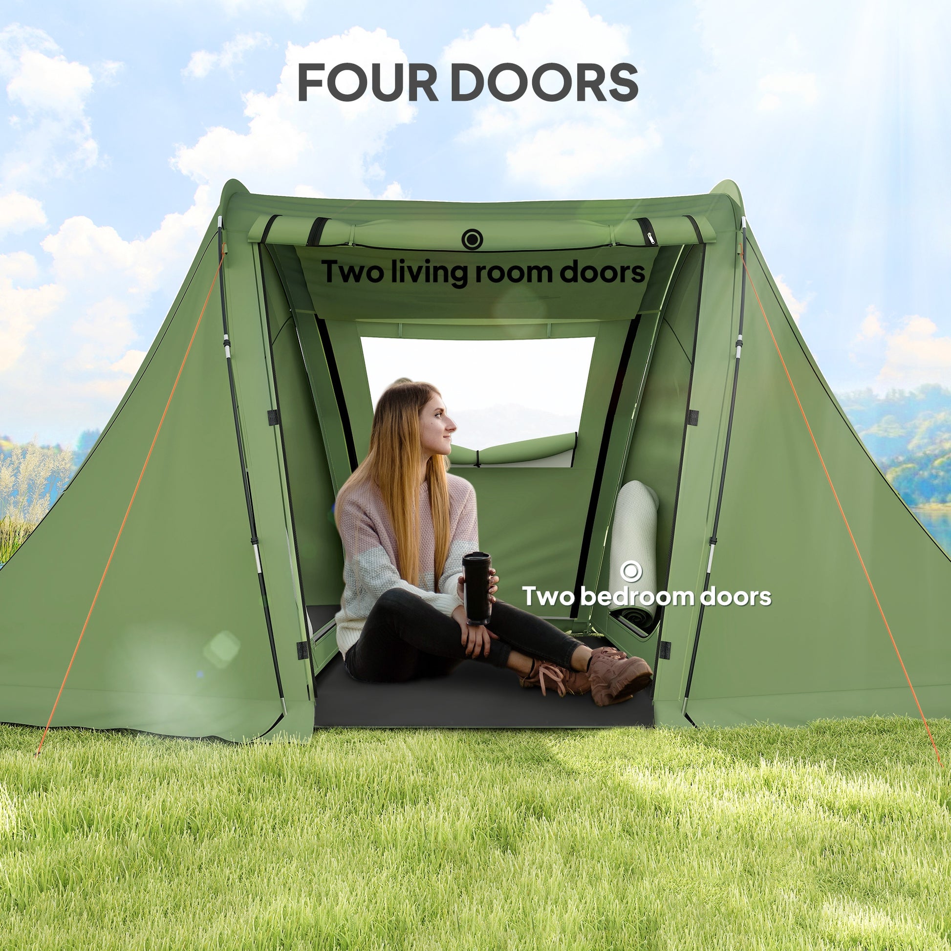 Outsunny 3 Man Camping Tent with Living Area and 2 Bedrooms, 3000mm Waterproof Family Tent with Sewn-in Groundsheet, Portable Dome Tent with Bag for Hiking, Festival, Backpacking, Green