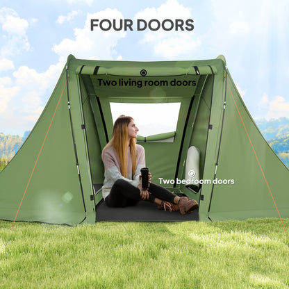 Outsunny 3 Man Camping Tent with Living Area and 2 Bedrooms, 3000mm Waterproof Family Tent with Sewn-in Groundsheet, Portable Dome Tent with Bag for Hiking, Festival, Backpacking, Green