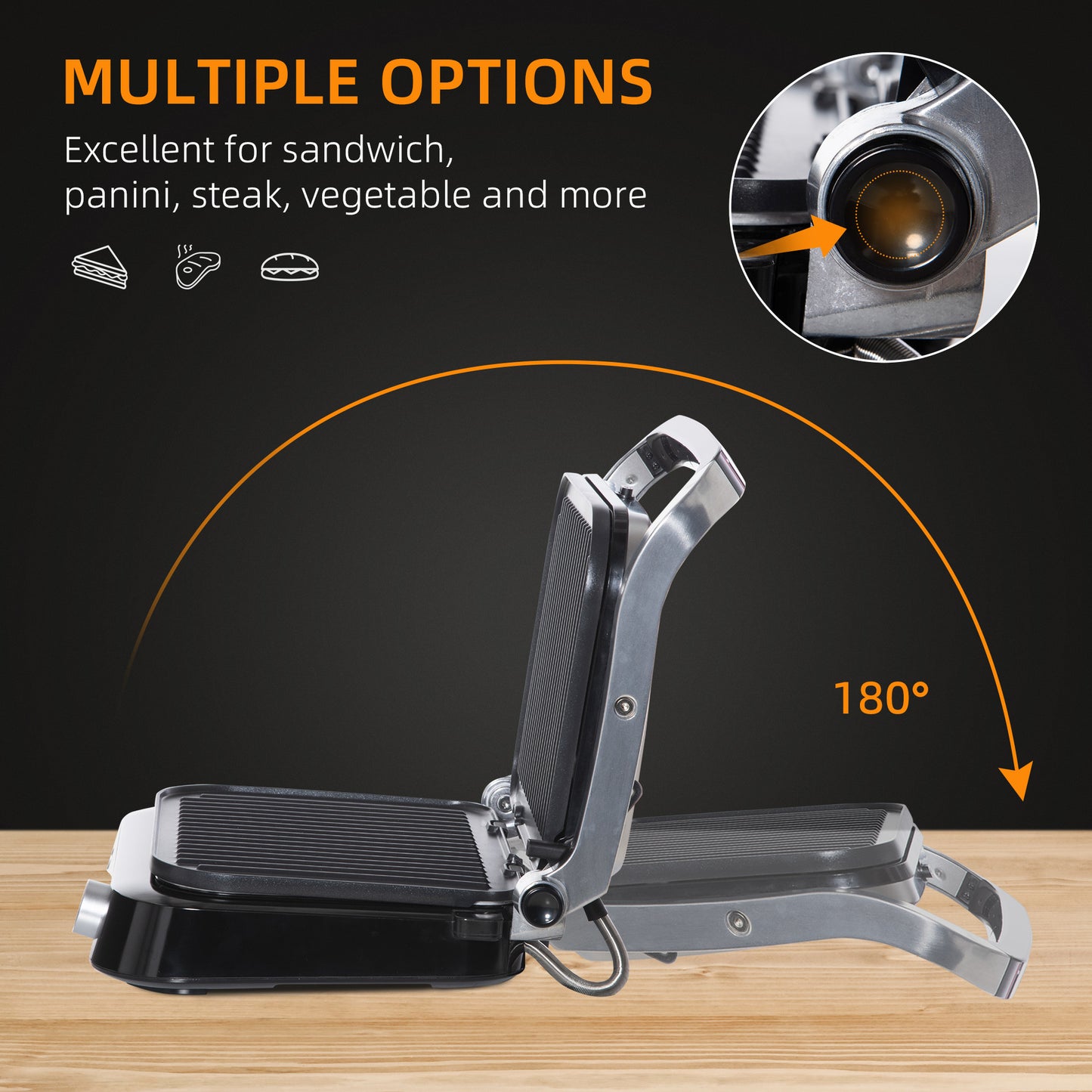 HOMCOM Health Grill & Panini Press, 2100W Electric Non-stick Grill with 180° Flat Open, Drip Tray, Removable Plate, Spatula and 8 Automatic Settings