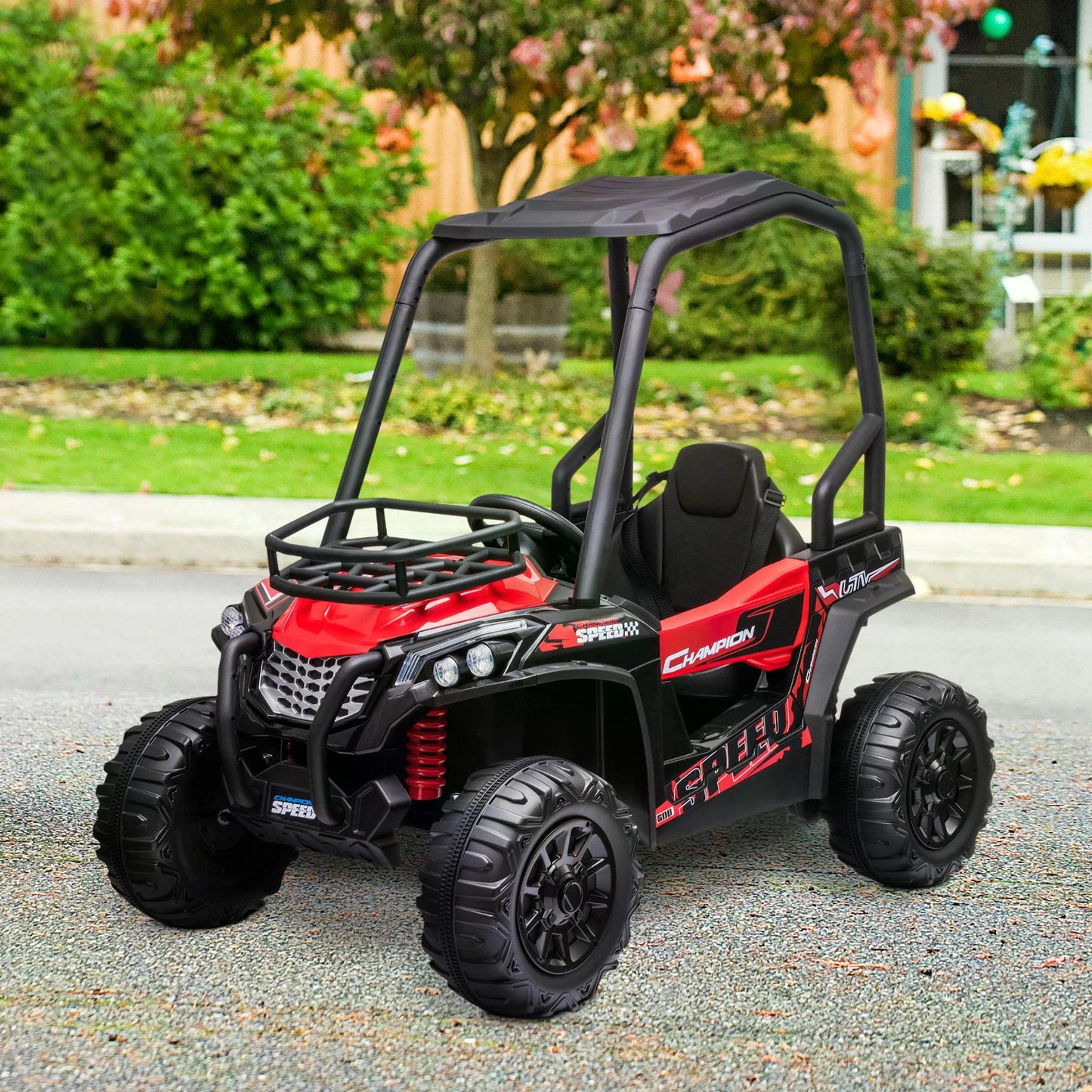 HOMCOM 12V Battery-powered Kids Electric Ride On Car Off-road UTV Toy 3-6 km/h with High Roof Parental Remote Control Lights MP3 Suspension Wheels Red