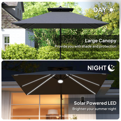 Outsunny 2.5m Cantilever Parasol with Solar Powered LED Lights, 360° Rotation, Tilt Adjustment, Crank Handle, Dark Grey