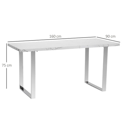HOMCOM Modern Dining Room Table Rectangular Kitchen Table for 6-8 People with Marble Effect Tabletop Steel Legs 155 cm White