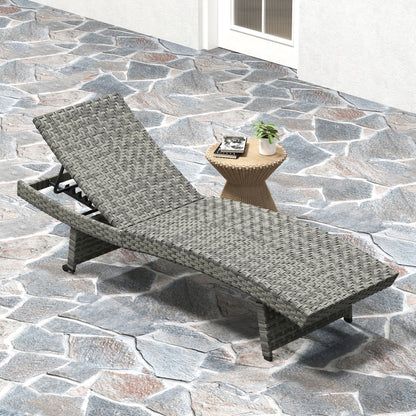 Outsunny Outdoor PE Rattan Sun Lounger, Folding Wicker Garden Lounger Recliner with 4-Level Adjustable Backrest, Rolling Sunbed Lounge Chair with Wheels, Non-Slip Legs for Balcony, Beach, Mixed-grey