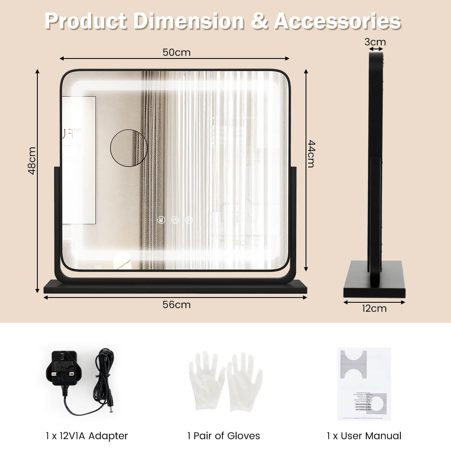LED Lighted Mirror with Adjustable Brightness and 3 Color Modes-Black