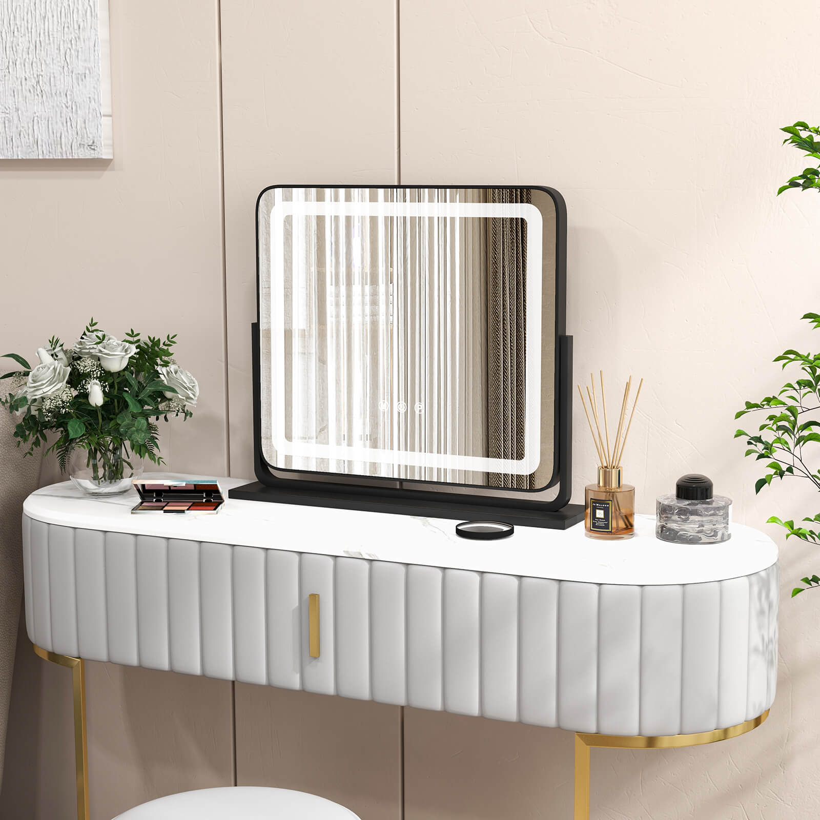 LED Lighted Mirror with Adjustable Brightness and 3 Color Modes-Black