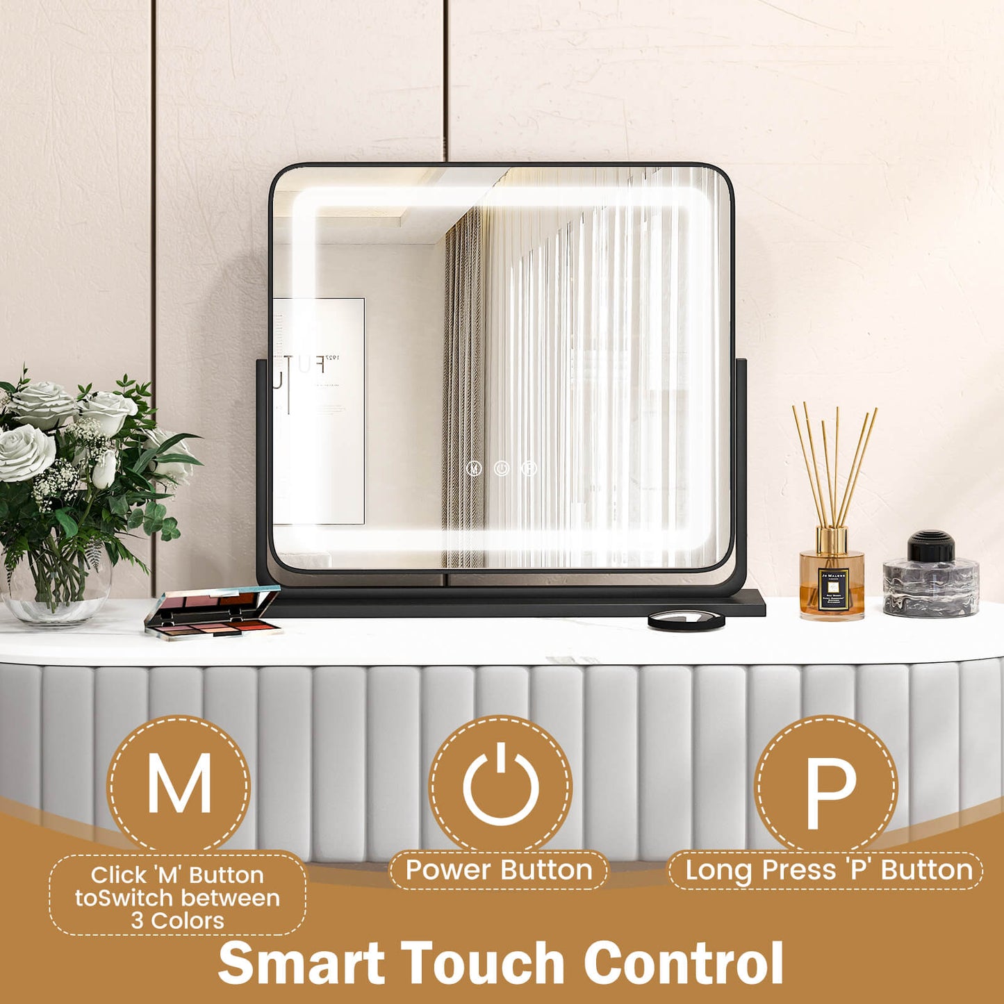 LED Lighted Mirror with Adjustable Brightness and 3 Color Modes-Black