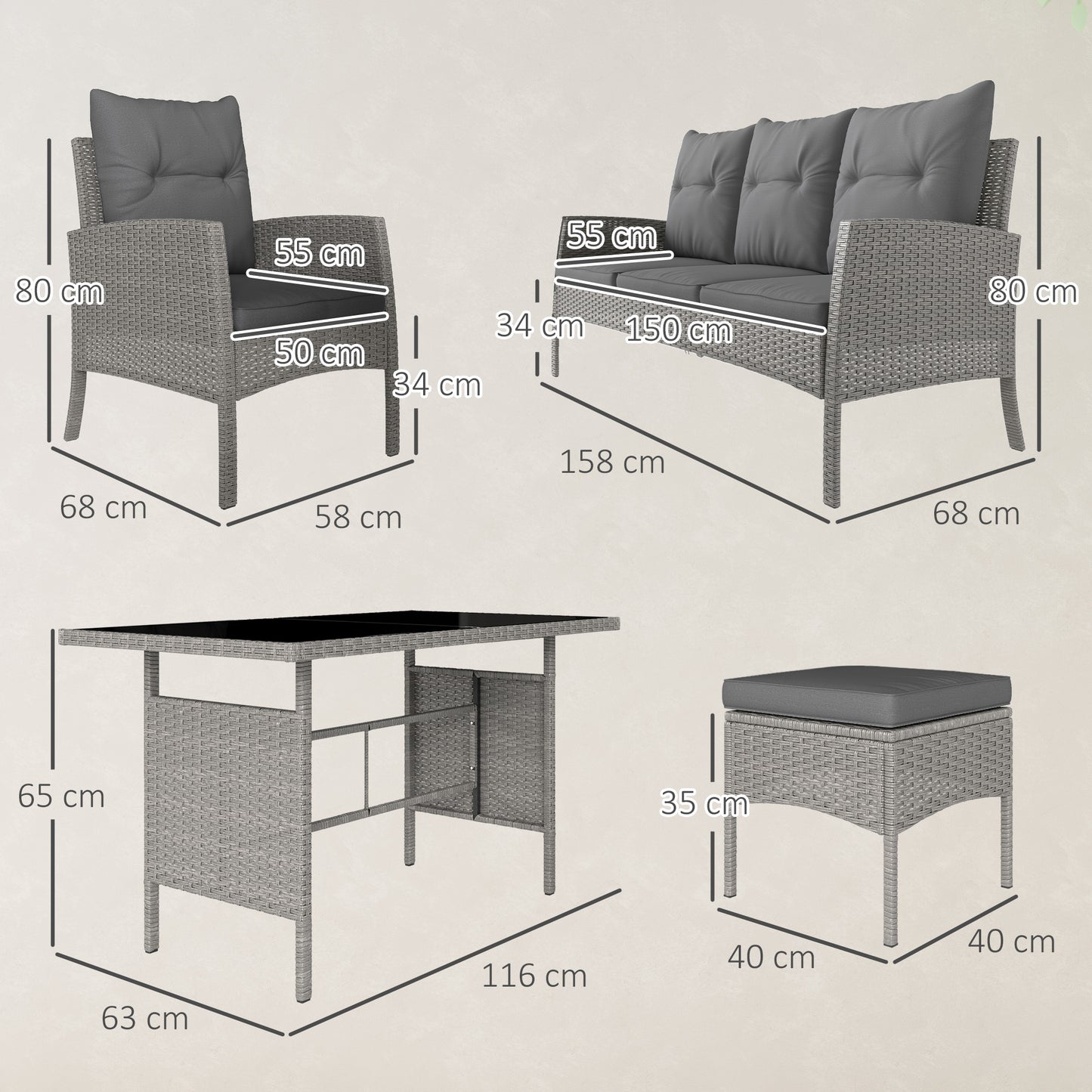 Outsunny 5 Seater Rattan Garden Furniture Set, 2 Armchairs, 3-Seater Wicker Sofa, 2 Footstools and Glass Table, 6 Piece Patio Rattan furniture Sofa Sets with Cushions for Conservatory, Grey