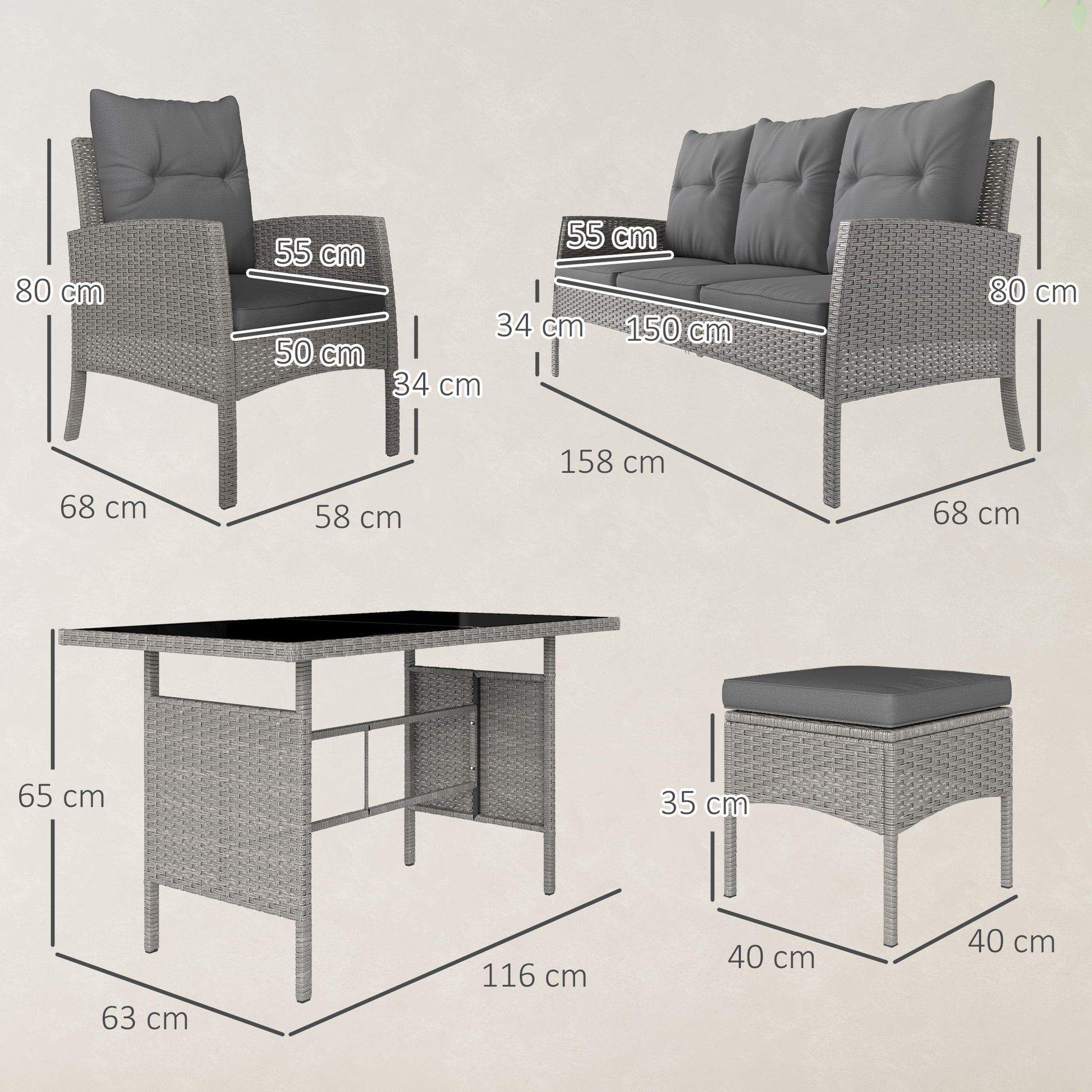 Outsunny 5 Seater Rattan Garden Furniture Set, 2 Armchairs, 3-Seater Wicker Sofa, 2 Footstools and Glass Table, 6 Piece Patio Rattan furniture Sofa Sets with Cushions for Conservatory, Grey